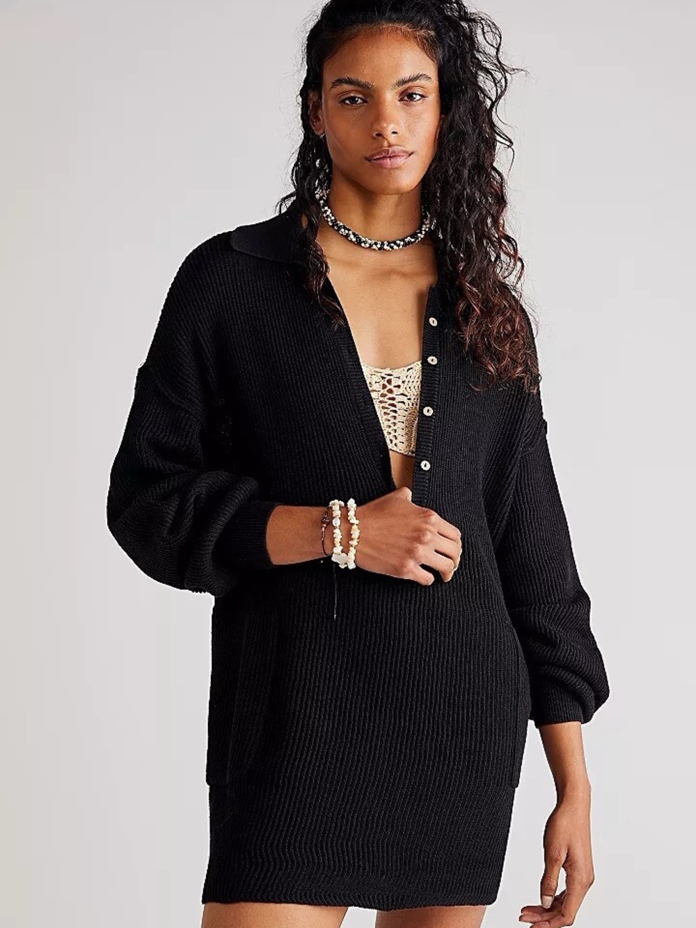 Free People Beach Black Picnic Sweater Ribbed Knit Dress / Size M